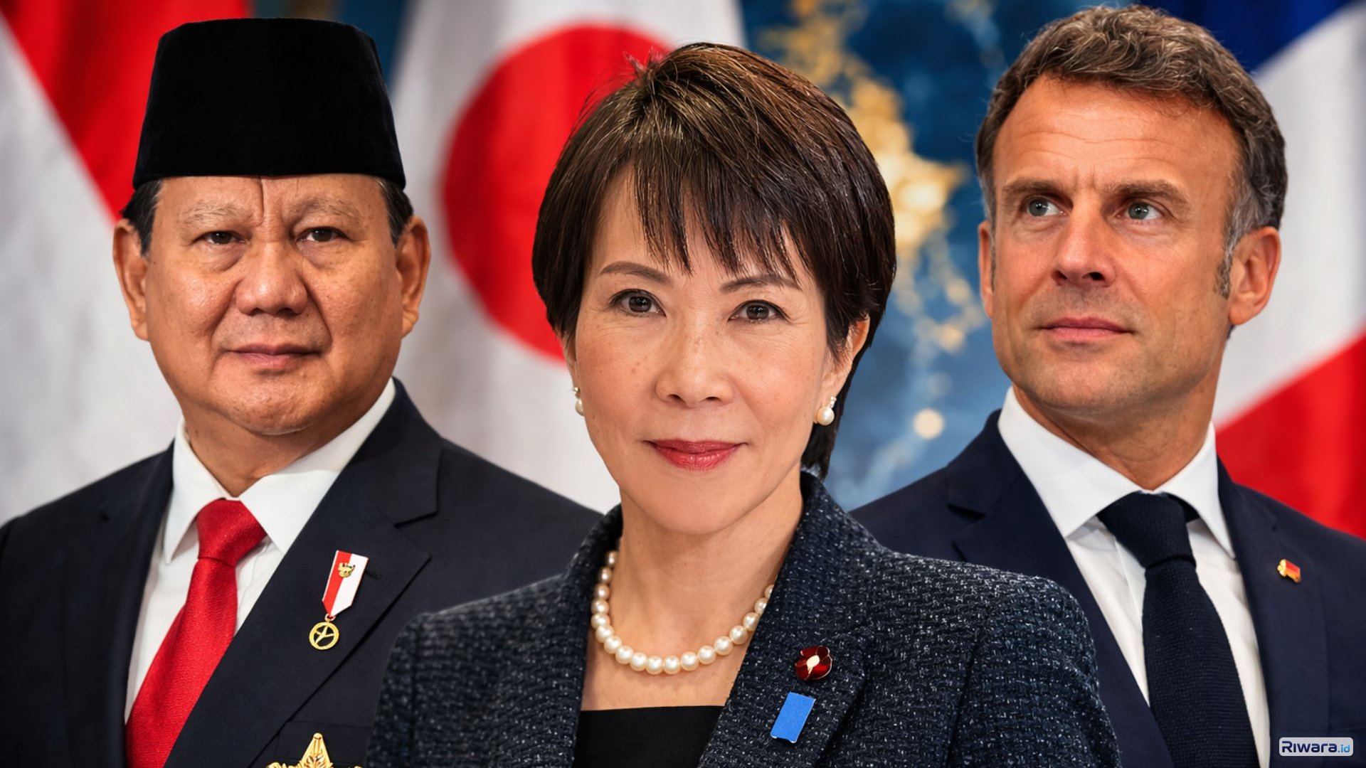 Presiden Indonesia Prabowo Subianto, Perdana Menteri Jepang Sanae Takaichi, dan Presiden Prancis Emmanuel Macron dalam ilustrasi pertemuan diplomatik terkait rencana kunjungan resmi dan pembahasan kerja sama strategis di Jepang.